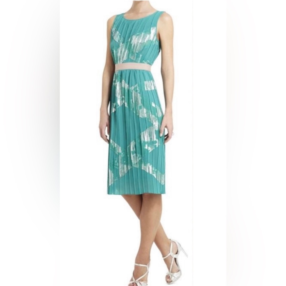BCBGMaxAzria Seafoam Green Pleated Midi Dress with Silver Highlights